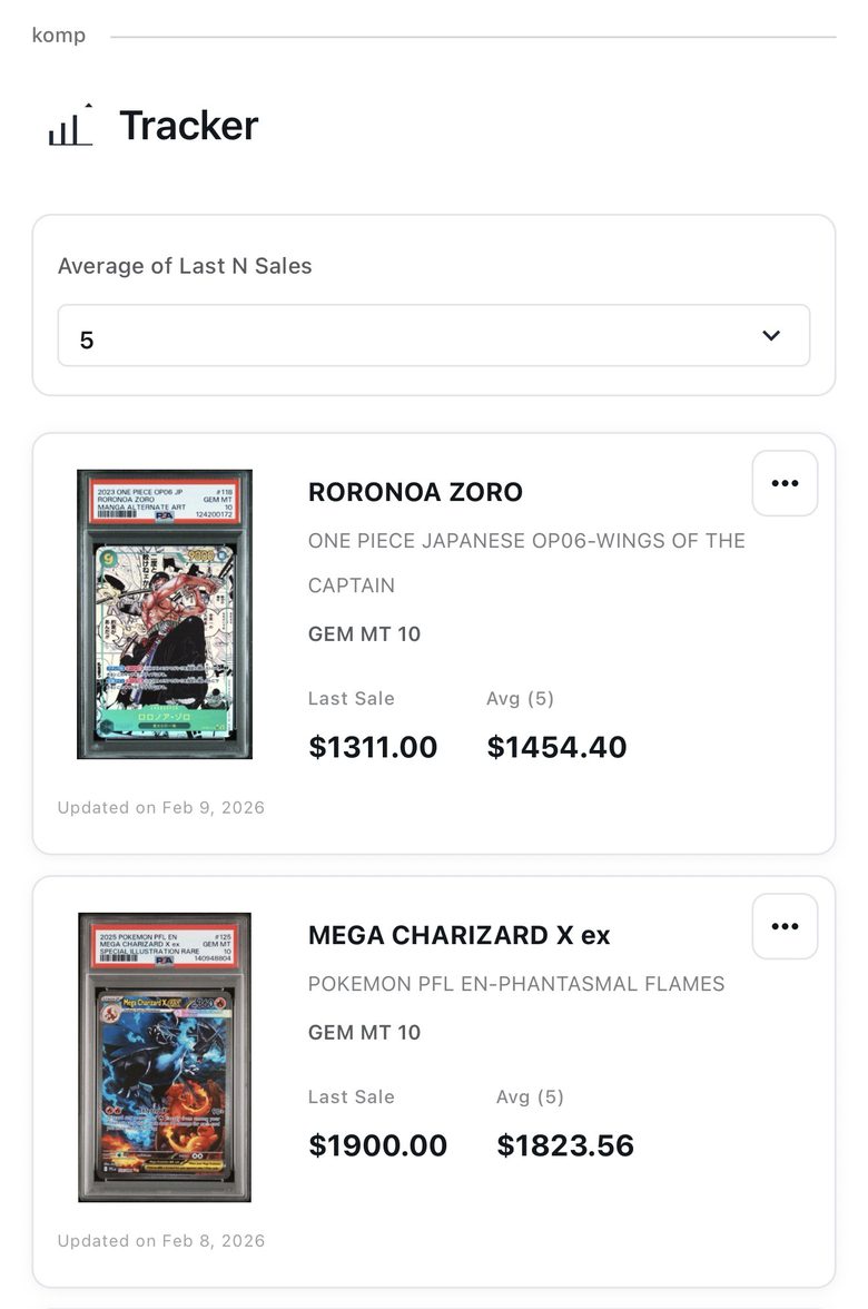 Komp Tracker with two PSA 10 cards: Roronoa Zoro from One Piece OP06, last sale $1,311.00, and Mega Charizard X ex from Phantasmal Flames, last sale $1,900.00.